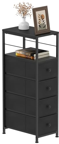 Shinoske Kommode Schmal, Aufbewahrungsschrank mit 4 Schubladen aus Stoff und Holzregal, Aufbewahrungskommode Kommodenschrank für Schlafzimmer Wohnzimmer Kinderzimmer Flur, Metallrahmen, Schwarz
