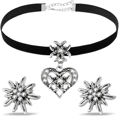 Lucktao 3 Stück Trachtenschmuck Damen Set,Bayerisch Dirndlschmuck Trachtenkette,Ohrringe und Halskette mit Strass Edelweiß,Oktoberfest Damen Outfit,Dirndl Schmuck,Für Oktoberfest Accessoires (Schwarz)
