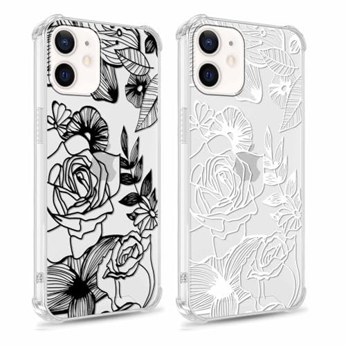 Yomjew 2 Pack Floral Phone Case for iPhone 11 6.1 Case, Aesthetic Design for Girl Women Men Clear Cases Soft Silicone Slim TPU Shockproof Protective Fundas, Black & White
