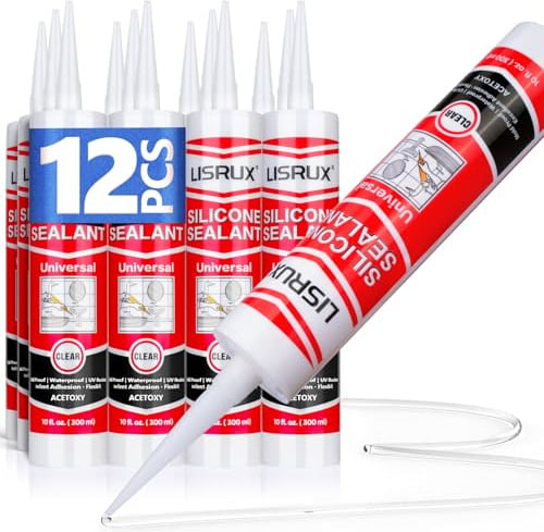 LISRUX Advanced Clear Silicone Caulk for Kitchen & Bathroom,10 fl oz Cartridge,12 Pack,100% Waterproof RTV Silicone Sealant,Stronger Adhesion,Shrink & Crack Proof