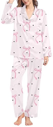 Pigiama di Natale Women's Winter Spring Home Leisure Valentine's Day Bow Love Loose Imitation Color DING Pajama Sleepy Pants Set Pigiama Donna Pesante Peloso Pigiama in Seta (Pink, M)