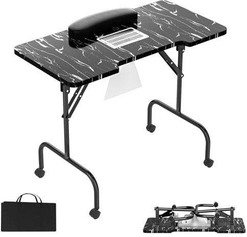 XINZI Faltbar Maniküretisch Nageltisch mit Absaugung 94x48x72cm Maniküre Tisch für Nagelstudio Beweglich Studiotisch inkl. Rollen Handkissen Schublade und Aufbewahrungstasche, Schwarze Maserung