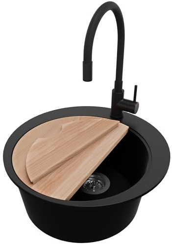 PRIMAGRAN Granitspüle ab 45er Unterschrank + Küchenarmatur, 50x50cm | Set: Küchenarmatur BW6020 + Ablauf-Set + Schneidebrett + Spülbecken 1 Becken - Piza Top, Schwarz