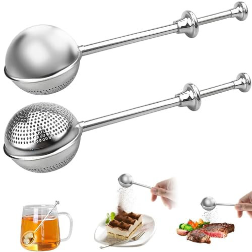 Teeei 2 Stück Teesieb für Losen Tee - Teaballs mit Teleskopgriff, Tee-Ei 304 Edelstahl, Teezange, Tee Sieb, Tea Infuser, Edelstahl-Mehlsieb-Staubwedel - Zucker, Mehl, Gewürze, Kakaopulver (A)