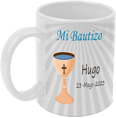 Adri. 25 Tazas personalizadas para bautizo. Añade el nombre y la fecha. Regalo Original. Capacidad 350 ml (25 unidades, Diseño Caliz con franjas)