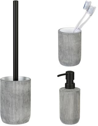 Schöner Wohnen Kollektion Bad-Accessoire Set Mod. Antella 3-teilig inkl Seifenspender Zahnputzbecher WC-Garnitur grau aus Polyresin Maße 37 cm x 9,5 cm