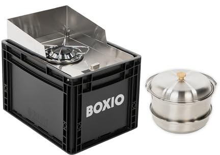 BOXIO Cook Plus : kit de démarrage pour réchaud de camping avec espace de rangement, protection contre le vent et kit de casseroles de camping, cartouches de gaz, réchaud de camping pour le camping