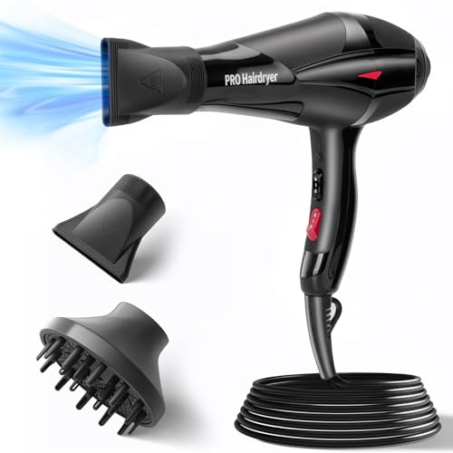 NITION Professional Salon Hair Dryer, Ionic Hairdryer with Diffuser for Curly Hair, Blow Dryer for Women Men with 2 Speed 3 Heat Setting, Cool Button, 1 Diffuser & 2 Concentrator