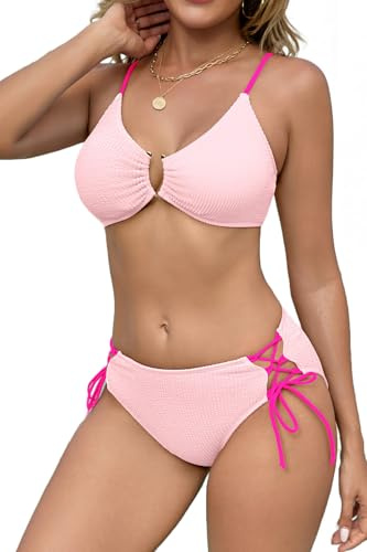 SHEKINI Sexy 2 Piece Bikini Sets for Women Ribbed High Cut Bathing Suit Macaron Color Block Swimsuit U-Wire Tie Swimwear, Light Pink, Medium