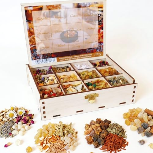 Räucherbox Jahreskreis 12er Set mit Weihrauch & Räuchermischungen | 12 Räuchermischungen und Weihrauch im Holzkästchen mit Anleitung - Geschenk für Raunächte, Advent und Weihnachten