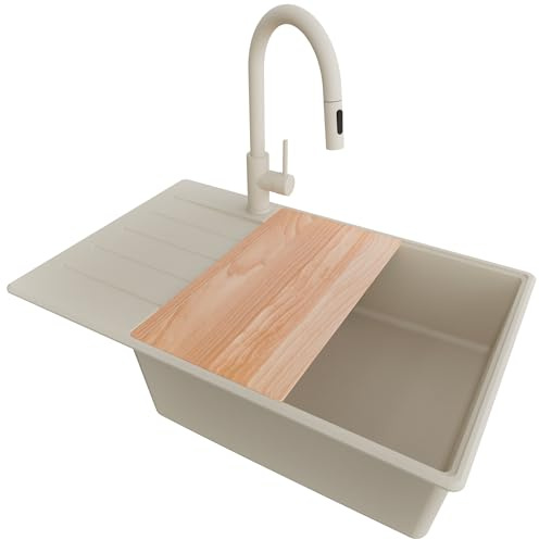 PRIMAGRAN Granitspüle ab 60er Unterschrank + Küchenarmatur, 78x50cm | Set: Küchenarmatur BW9010 + Ablauf-Set + Schneidebrett + Spülbecken 1 Becken - Kopenhagen Top, Alles Beige