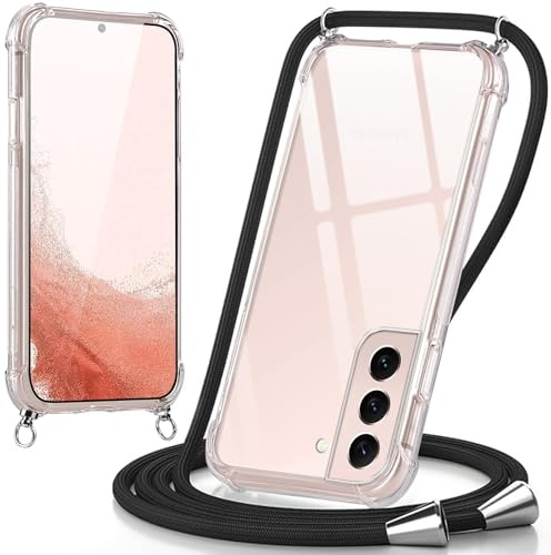Micnkifo Coque pour Samsung Galaxy S22 avec Cordon, Housse Transparent Silicone Anti-Jaunissement Collier Réglable Case, Téléphone Étui Antichoc Portable Lanière pour - Noir