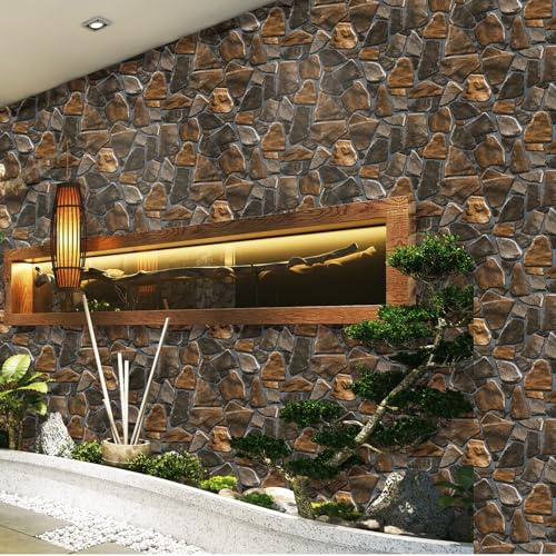 WPE® 3D Old Country Fieldstone Brown Vinyl Wallpaper – Rustic Stone Wall Covering, Smooth Vinyl, Washable, Durable, 9.5m x 53cm Roll – HM11-1201