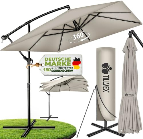 tillvex® Sonnenschirm Rechteckig Ø 330 cm + Abdeckung, Kurbel & Windschutz | Ampelschirm Aluminium Eckig mit Ständer | Alu Gartenschirm UV-Schutz | Kurbelschirm wasserdicht, 360° drehbar Terrasse Garten