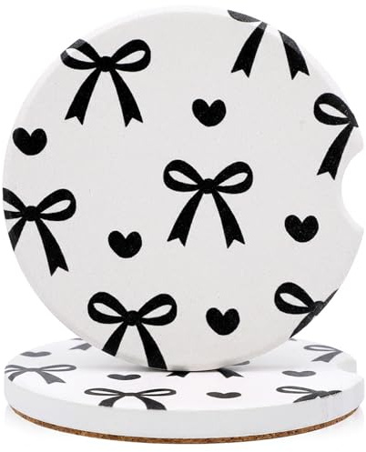 2PCS Black Bow Car Coasters, Ceramic Coasters for Cup Holders with Hearts- Cute Car Accessories & Decor for Women, Girly Cars Essentials for Anti Slipping with Finger Notch