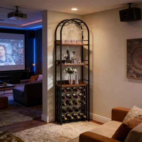 Casier à vin sur pied avec plan de travail – Grande étagère sur pied pour jusqu'à 30 bouteilles, armoire de bar au design vintage en acier et MDF, vitrine et buffet pour cuisine, salon, 180 x 50 x 35