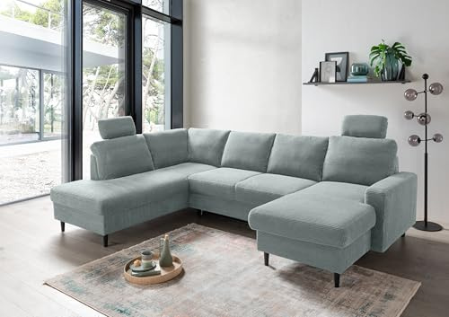 möbelando Wohnlandschaft Pris in Aqua – Großes U-Form Sofa mit Ausziehfunktion, Staukasten & Cordstoff-Bezug – 305 x 200 cm – Modernes Design für Wohnzimmer & Gäste