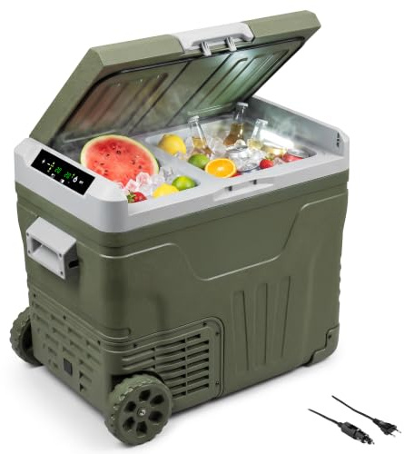 KLAMER Kühlbox 46L Grün, Kompressor, -20°C, 12V & 230V, Rollen, Camping | 2 separat einstellbare Fächer, Bis 45°C unter Umgebungstemperatur, Ausklappbare Griffe, Kompressor, Auto & Steckdose