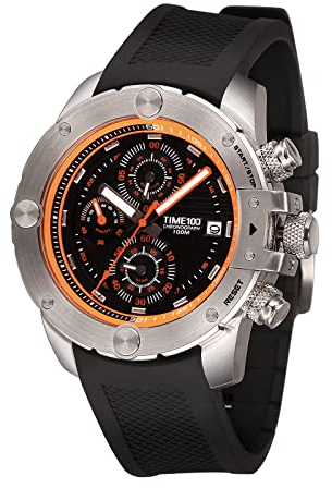 Time100 Orologio Cronografo Uomo Multifunzionale Stile Sportivo Movimento al Quarzo Cinturino in Gel di Silicone (Arancio&Acciaio)