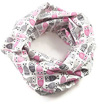 bettina bruder - Leichter Kinder-Loop Schlauchschal Mini-Eulen weiss rosa grau - 100% Baumwolle