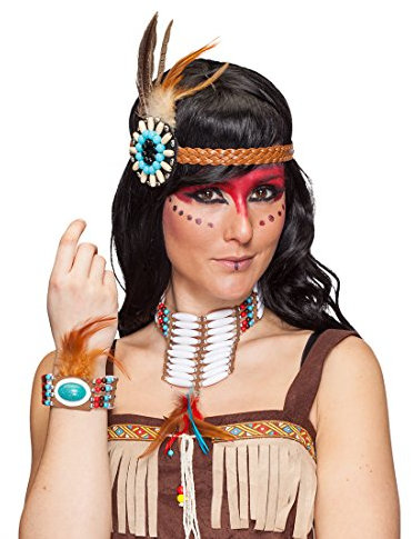 Hippie Schmuckset - mit Kopfband, Kette u. Armband - Federschmuck Squaw Ethno Modeschmuck indianischer Schmuck Indianerkostüm Damen Zubehör Indianerschmuck
