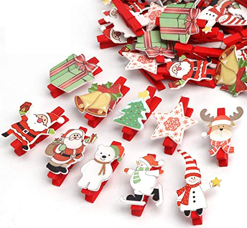 ABSOFINE 50er Weihnachten Klammern Weihnachtsdeko Holzklammern für Fotos Mini Klammern mit süßen Weihnachten Figuren Wäscheklammern Dekoklammern Holzwäscheklammern Zierklammern