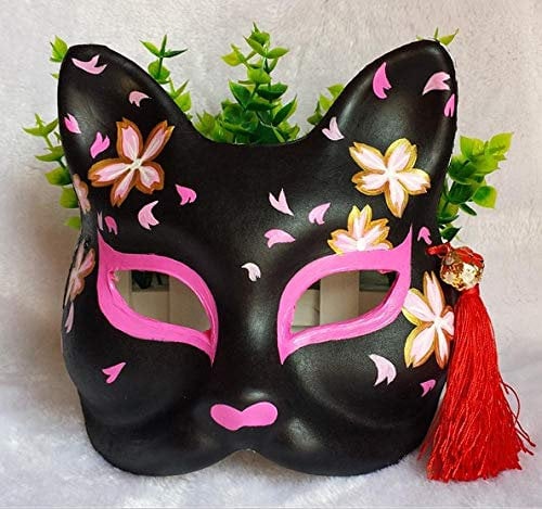 Halloween Masks Adults Hand-Painted Japanese Kimono Black cat Fox mask Luxury Flower Moon Night Hand-Painted and Wind Antique Cosplay Sakura @Pulp Version Black Fox Demon 54