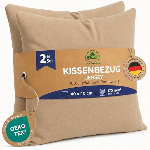 leevitex Kissenbezug 40x40cm (2er Set) - Sand/Düne - 100% Baumwolle Jersey | Öko-Tex Zertifiziert · Kissenhülle 40x40 · Kopfkissenbezug 40x40 cm · verdeckter Reißverschluss · 170 g/m²