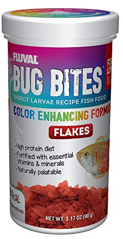 Fluval Bug Bites Color Enhancing Fish Food for Tropical Fish, Flakes for Small to Medium Sized Fish, 3.17 oz., A7348, Brown