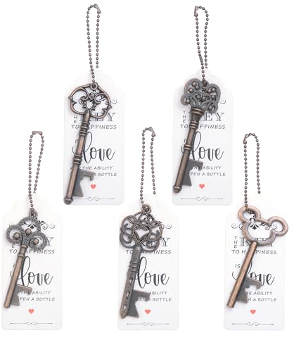 Makhry 50pcs Style Mélangé Cru Ouvre-bouteille Cadeau de Mariage Faveurs Ensemble avec Merci Étiquettes et Porte-clés (Ancien Cuivre)