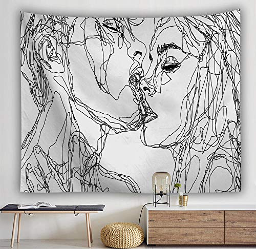 Wandteppiche Wandbehang Tapisserie, Hippie Abstrakte Böhmischen Gobelin Wandbehang Weiße Linien Küssen Liebhaber, Rechteckig Art Decor Drucken Gewebe Für Wohnzimmer Schlafzimmer