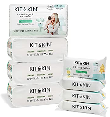 Kit & Kin Premium Eco Size 1 Newborn Essentials Starter Pack | Baby Nappies and Biodegradable Water Wipes | Hypoallergenic with Flash Dry High-Performance Layer (152 Nappies, 240 Wipes)