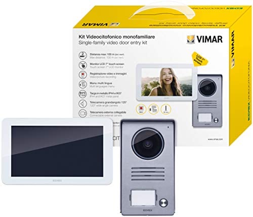 VIMAR K40935 Videosprechenalagen-Set enthält Freisprech-Touchscreen-Videohaustelefon LCD 7in, 1-Taste Klingeltableau mit Regenschutz, DIN Netzgerät, 1 Familie