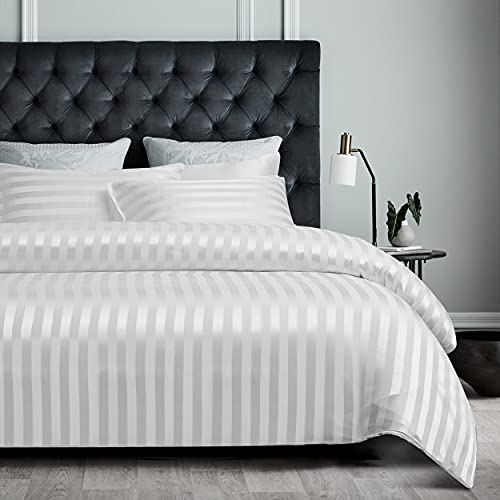 Damier Satin Bettwäsche 135x200cm Weiß Glanzsatin gestreift Bettbezug Set 4-teilig Uni einfarbig Luxus Seidig glänzend Deckenbezug mit verdecktem Reißverschluss und 2 Kissenbezüge 80 × 80 cm