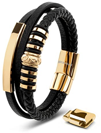 SERASAR Lederarmband Herren 23cm Gold Männer Armband Leder Armreif Lederband Herrenarmreif Armschmuck Schmuck Herrenschmuck Flecht Wickelarmband Kette Leather Bracelet