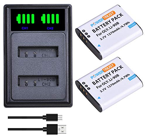 PowerTrust Lot de 2 batteries Li-90B Li-92B + double chargeur LED pour appareils photo OlympusTough TG-5, Tough TG-4, TG-6, TG-3, TG-2 iHS, SH-1, SH-2, SH-3, Ricoh GR iii