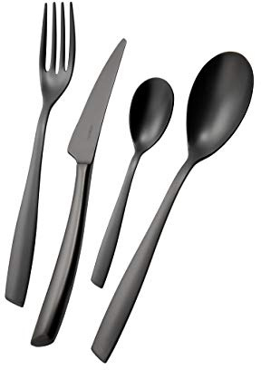 BUGATTI, Riviera, Set Posate 24 Pezzi in Acciaio Inox. Servizio per 6 Persone Composto da 6 Cucchiai, 6 Forchette, 6 Coltelli e 6 Cucchiaini caffè, Rivestimento PVD Colore Black Diamond Satinato