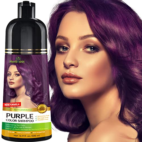 Herbishh Haarfärbeshampoo für graues Haar – Haarfärbeshampoo – Färbt das Haar innerhalb von Minuten – Langanhaltend – 500 ml – 3-in-1-Haarfarbe – Ammoniakfrei (Purple)