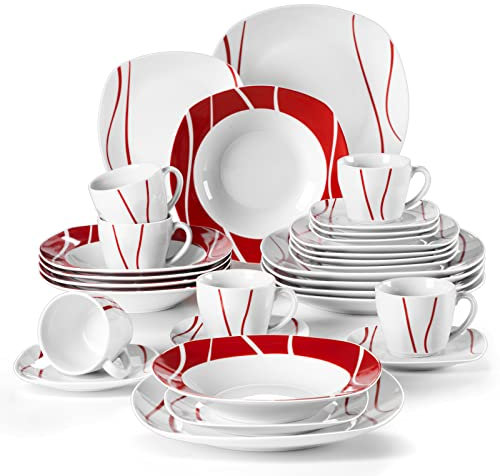 MALACASA Juego de vajilla de 30 piezas de porcelana roja y blanca, juego de platos cuadrados con platos llanos, platos de postre y cuencos para pasta, juego de tazas y platillos, servicio para 6,