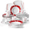 MALACASA Juego de vajilla de 30 piezas de porcelana roja y blanca, juego de platos cuadrados con platos llanos, platos de postre y cuencos para pasta, juego de tazas y platillos, servicio para 6,