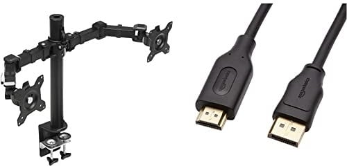 Amazon Basics Dual Monitor Stand with Height Adjustable Arm Mount, 360-degree rotation, Adjustable Screen Tilt and Cable Organizer (Steel) & DisplayPort to HDMI cable with gold-plated connectors 1.8 m