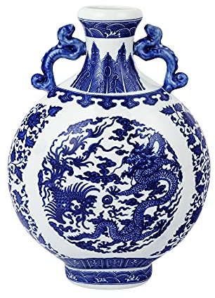 fanquare Blaue und Weiße Porzellan Blumenvase, Klassische Binaurale Vase, Chinesisches Drachen Muster, Höhe 31cm