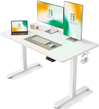 FEZIBO Schreibtisch Höhenverstellbar Elektrisch, 120 x 60 cm Computer Stehschreibtisch mit Memory-Steuerung und Anti-Kollisions Technologie, Mobiler Steh-Sitz-Schreibtisch Ergonomic Weiß Oberfläche