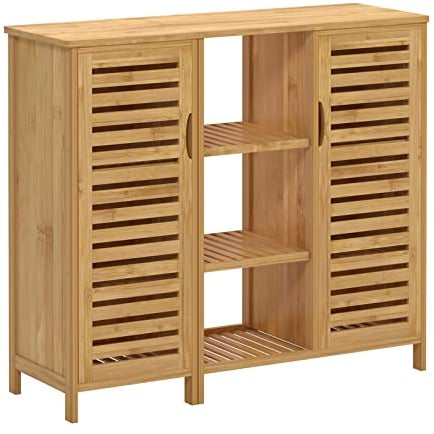 sogesfurniture Badschrank Bambus, Badezimmerschrank, Beistellschrank mit 4 Ablagen und 2 Lamellentüren Aufbewahrungsschrank für Badezimmer, Wohnzimmer, Küche, 100x33x87cm