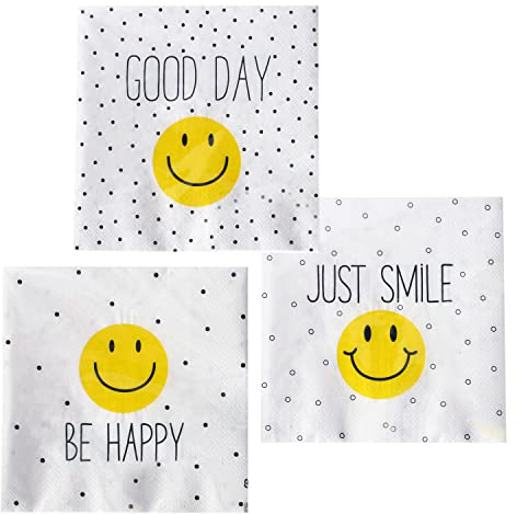 60 Count Smiley Face Party Servietten, 3 Packungen mit 20 Stück, 3-lagiges Papier, Luncheon Größe 6,75 x 6,75 Zoll, Gelb und Schwarz auf Weiß