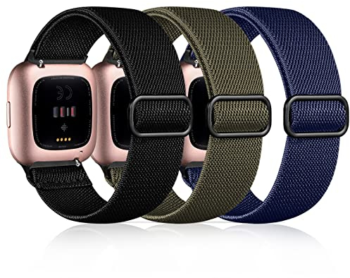 Dirrelo 3 Pack Nylon Elastic Ersatzarmband Kompatibel mit Fitbit Versa 2 Armband/Fitbit Versa Armband für Damen Herren, Stoff Armbänder für Fitbit Versa 2/Versa/Versa Lite/SE, Schwarz+Grün+DunkelBlau
