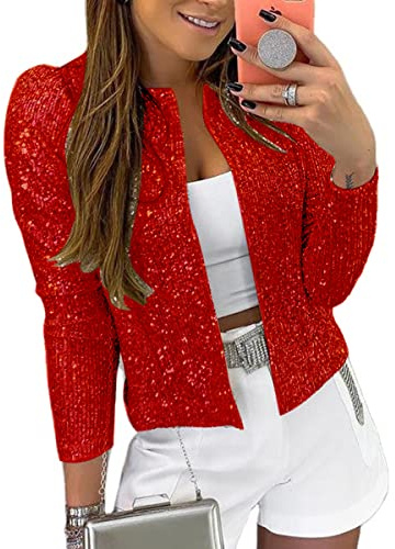 Women Sequin Jacket Sparkle Open Front Casual Long Sleeve Blazers Red XL