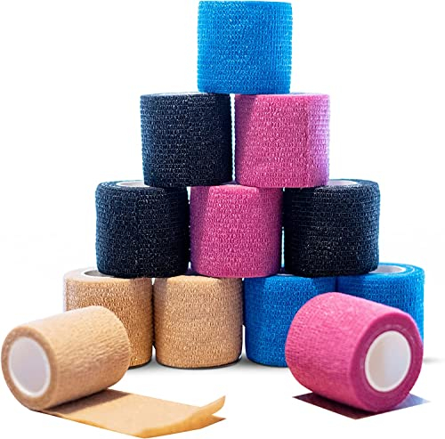 Jrancc Self-Adhesive Cohesive Bandage Pack of 12 Elastic Bandage 5cm x 4.5m for First Aid, Sports Injuries Hand and and Ankle Sprains and Swelling 4 Colors