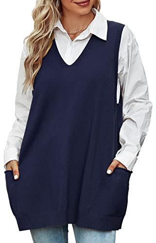 Niwicee Womens Sweater Vest Loose Knitted Sleeveless Jumpers Tank Top Knitwear V-Neck Vintage Knit Pullover Waistcoat with 2 Pockets(Navy,XL)