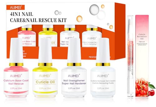 AIJIMEI 4in1 Nail Kit Calcium Primer Cuticle Remover Gel Cream for Strengthening Nails Care with Nail Hardener Nail Strengthener and Cuticle Oil